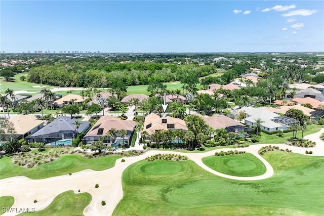 aerial view with view of golf course and a residential view