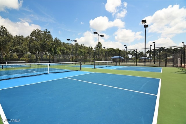view of tennis court featuring fence