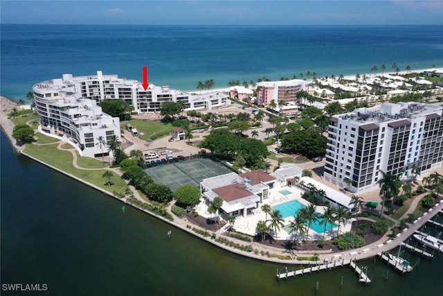 drone / aerial view with a water view