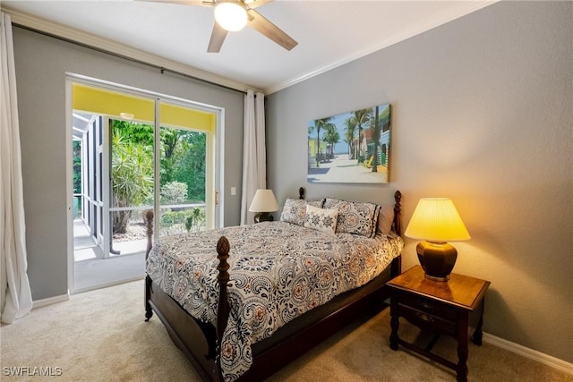 bedroom featuring access to outside, baseboards, ceiling fan, and carpet floors