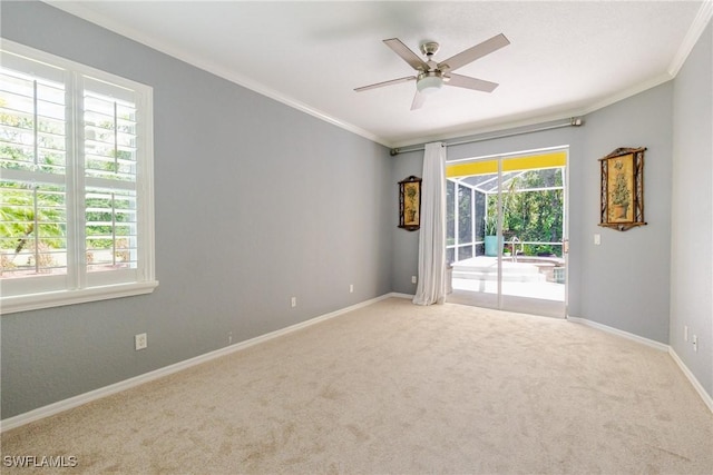 spare room with a ceiling fan, ornamental molding, carpet floors, and baseboards