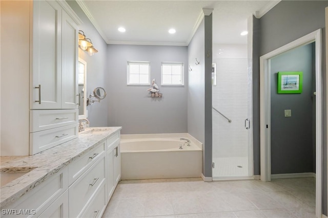 bathroom featuring ornamental molding, tile patterned floors, a shower stall, double vanity, and a bath