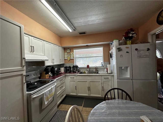 110 Clayton Ave, Lehigh Acres, FL 33936 - kitchen featuring visible vents, a sink, white appliances, under cabinet range hood, and dark tile patterned flooring