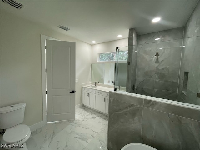 bathroom with visible vents, baseboards, toilet, a marble finish shower, and marble finish floor