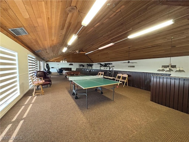 11170 Caravel Cir Unit 210, Fort Myers, FL 33908 - game room with visible vents, carpet, lofted ceiling, ceiling fan, and wood ceiling