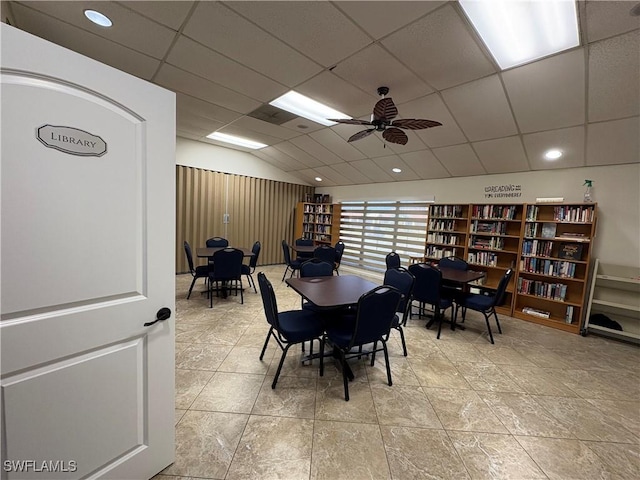 11170 Caravel Cir Unit 210, Fort Myers, FL 33908 - dining space with a paneled ceiling, recessed lighting, vaulted ceiling, and ceiling fan
