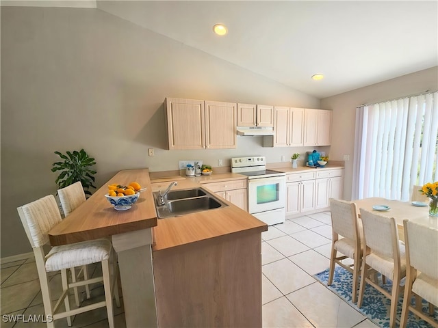 124/126 Ivan Ave S, Lehigh Acres, FL 33973 - kitchen with electric range, a sink, under cabinet range hood, light tile patterned flooring, and a peninsula