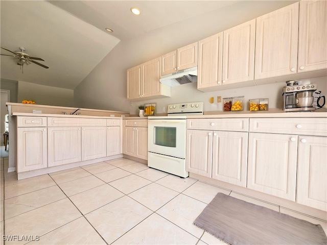 124/126 Ivan Ave S, Lehigh Acres, FL 33973 - kitchen with white range with electric cooktop, under cabinet range hood, vaulted ceiling, a ceiling fan, and light countertops