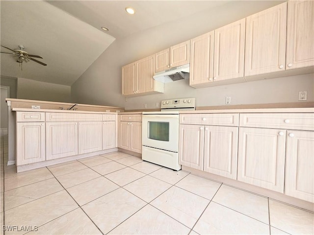 124/126 Ivan Ave S, Lehigh Acres, FL 33973 - kitchen featuring white range with electric stovetop, under cabinet range hood, vaulted ceiling, ceiling fan, and recessed lighting