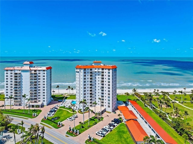 drone / aerial view with a water view