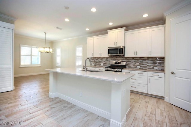 kitchen featuring stainless steel appliances, ornamental molding, light wood finished floors, a sink, and tasteful backsplash