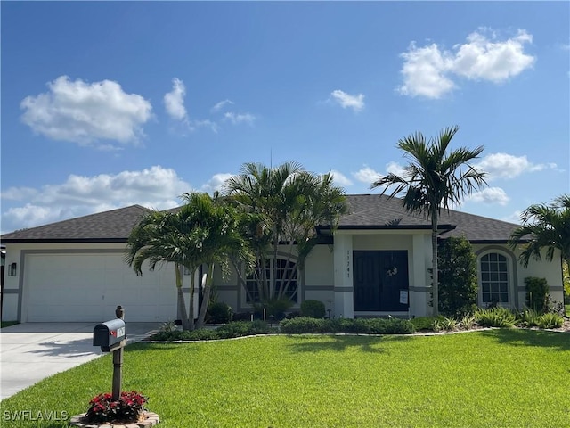 11741 Red Hibiscus Dr, Bonita Springs, FL 34135 - single story home featuring a garage, stucco siding, a front lawn, driveway, and roof with shingles