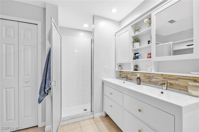 11741 Red Hibiscus Dr, Bonita Springs, FL 34135 - full bath featuring a stall shower, backsplash, visible vents, and tile patterned floors