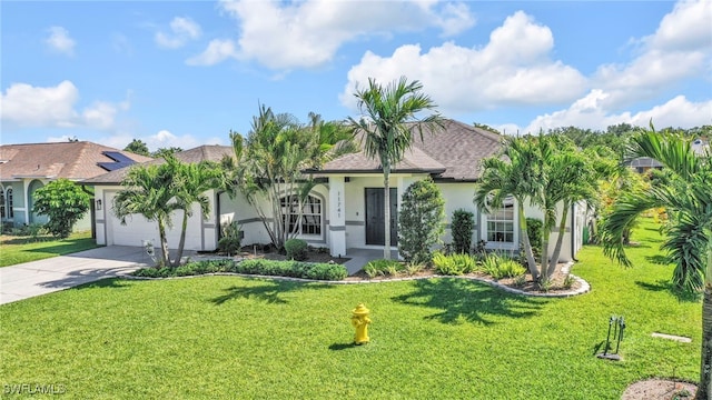 11741 Red Hibiscus Dr, Bonita Springs, FL 34135 - ranch-style home featuring concrete driveway, stucco siding, an attached garage, and a front lawn