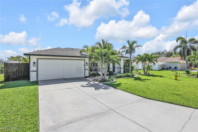 11741 Red Hibiscus Dr, Bonita Springs, FL 34135 - ranch-style home featuring concrete driveway, stucco siding, a front yard, a garage, and fence