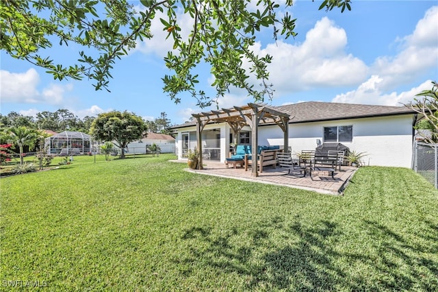 11741 Red Hibiscus Dr, Bonita Springs, FL 34135 - rear view of property with a pergola, a yard, a fenced backyard, stucco siding, and a patio