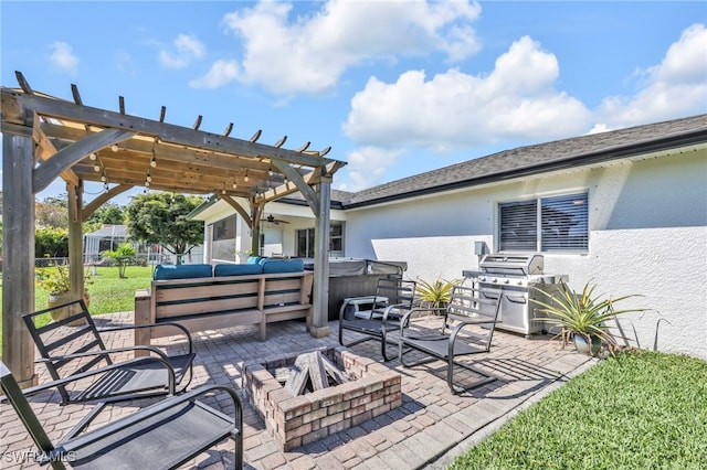 11741 Red Hibiscus Dr, Bonita Springs, FL 34135 - view of patio / terrace with an outdoor living space with a fire pit, grilling area, and a pergola