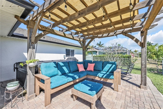 11741 Red Hibiscus Dr, Bonita Springs, FL 34135 - view of patio / terrace with outdoor lounge area, fence, and a pergola