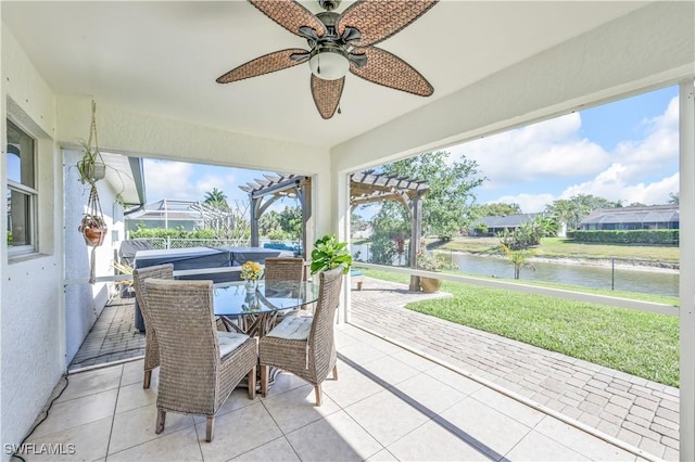 11741 Red Hibiscus Dr, Bonita Springs, FL 34135 - view of patio / terrace featuring outdoor dining space, ceiling fan, a pergola, and a water view