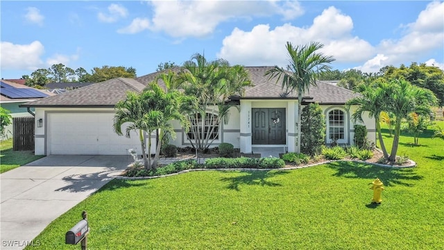 11741 Red Hibiscus Dr, Bonita Springs, FL 34135 - view of front of property featuring stucco siding, roof with shingles, a front yard, an attached garage, and concrete driveway