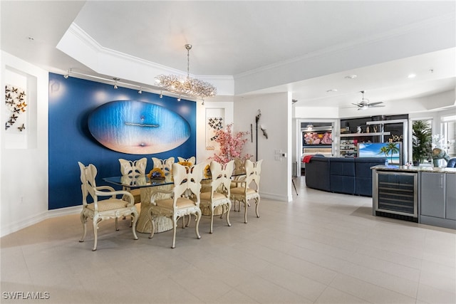 14270 Royal Harbour Ct Unit 323, Fort Myers, FL 33908 - dining area with beverage cooler, a tray ceiling, ornamental molding, bar area, and ceiling fan