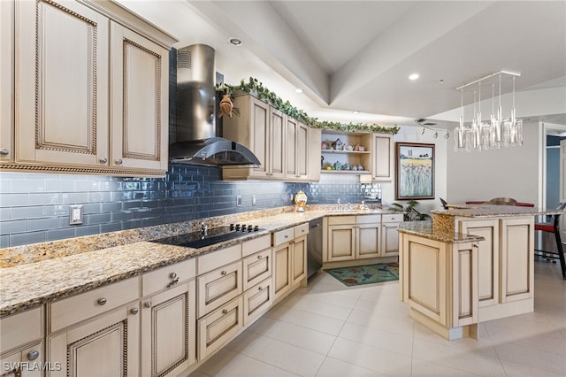 14270 Royal Harbour Ct Unit 323, Fort Myers, FL 33908 - kitchen with cream cabinets, wall chimney range hood, black electric cooktop, stainless steel dishwasher, and recessed lighting