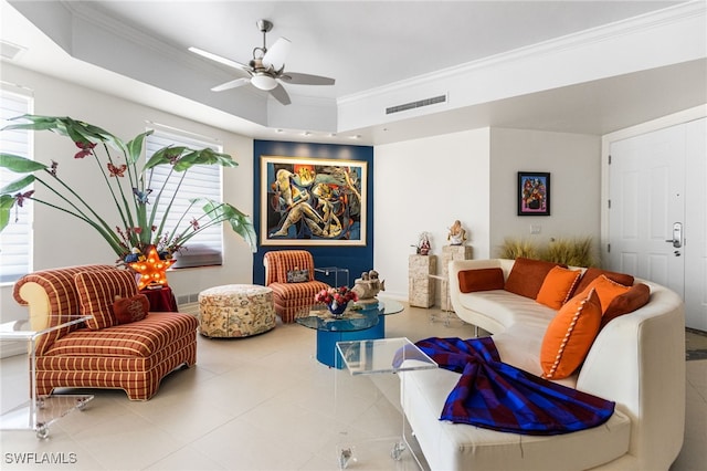 14270 Royal Harbour Ct Unit 323, Fort Myers, FL 33908 - living area featuring crown molding, healthy amount of natural light, ceiling fan, and tile patterned flooring
