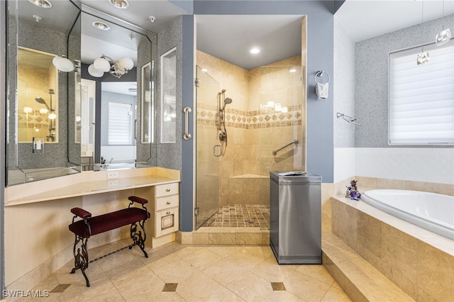 14270 Royal Harbour Ct Unit 323, Fort Myers, FL 33908 - full bathroom with a stall shower, a bath, vanity, and tile patterned flooring