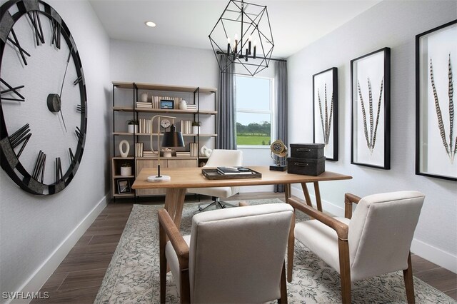 office with baseboards, recessed lighting, dark wood finished floors, and a notable chandelier