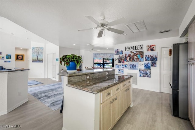 2556 SW 28th Pl, Cape Coral, FL 33914 - kitchen with dark stone countertops, freestanding refrigerator, a ceiling fan, and light wood finished floors