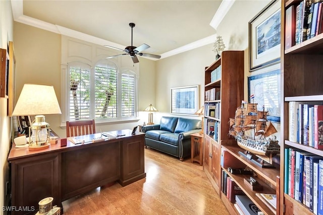 4536 SW 12th Pl, Cape Coral, FL 33914 - home office featuring crown molding, ceiling fan, and light wood-type flooring
