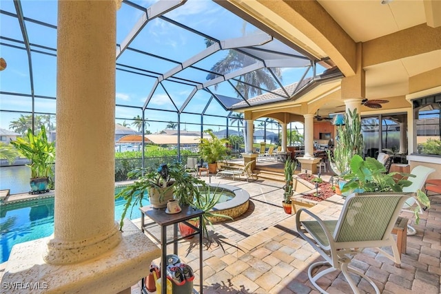 4536 SW 12th Pl, Cape Coral, FL 33914 - view of patio with a lanai, an outdoor pool, and ceiling fan