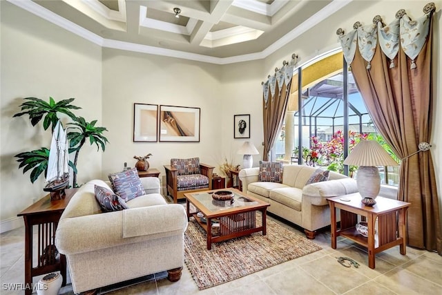 4536 SW 12th Pl, Cape Coral, FL 33914 - living area featuring light tile patterned floors, ornamental molding, a high ceiling, coffered ceiling, and beam ceiling