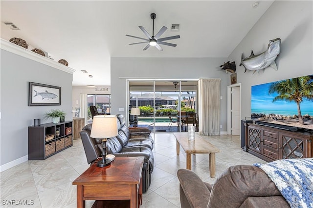 1633 Barbarosa Ct, Marco Island, FL 34145 - living area with visible vents, baseboards, and a ceiling fan