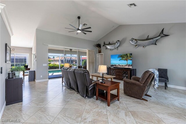1633 Barbarosa Ct, Marco Island, FL 34145 - living area with baseboards, vaulted ceiling, visible vents, ceiling fan, and marble finish floor