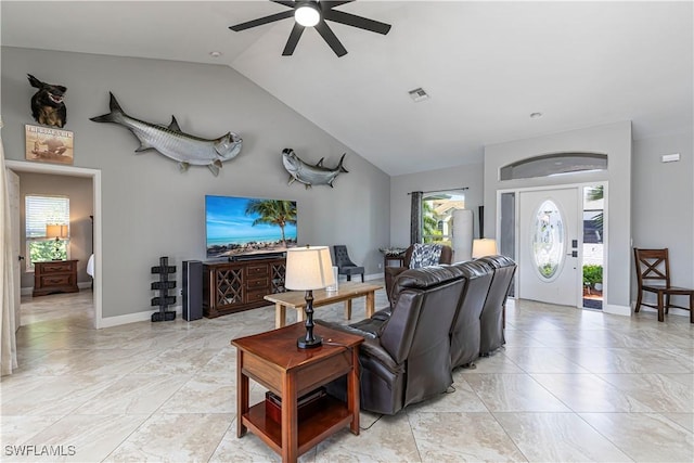 1633 Barbarosa Ct, Marco Island, FL 34145 - living room featuring a ceiling fan, plenty of natural light, and marble finish floor