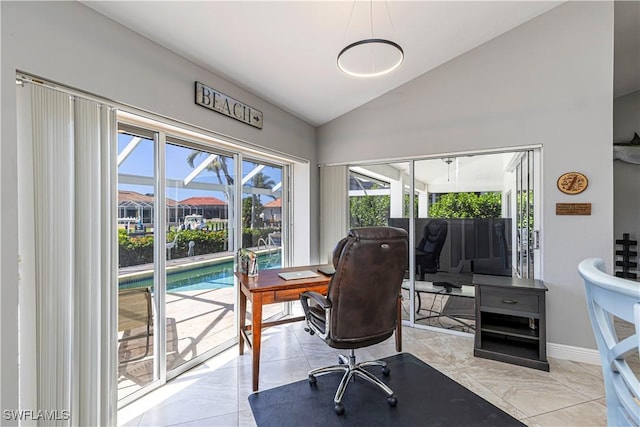 1633 Barbarosa Ct, Marco Island, FL 34145 - office area featuring a wealth of natural light, baseboards, and vaulted ceiling
