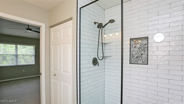 6645 Huntington Lakes Cir Unit 201, Naples, FL 34119 - full bath featuring baseboards, tiled shower, and ceiling fan