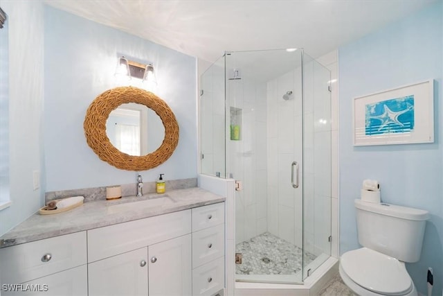 bathroom featuring toilet, a shower stall, and vanity