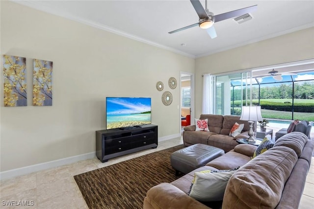 9102 Limestone Ln, Naples, FL 34120 - living area featuring ornamental molding, a ceiling fan, visible vents, light tile patterned flooring, and baseboards