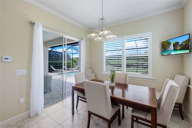 9102 Limestone Ln, Naples, FL 34120 - dining area with a chandelier, light tile patterned floors, baseboards, and crown molding