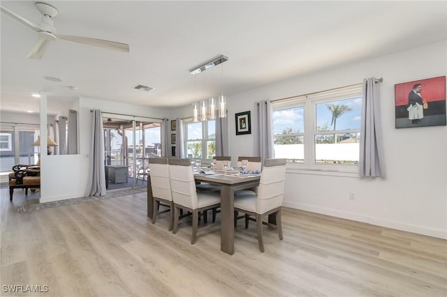 dining room with baseboards, a ceiling fan, visible vents, and light wood-type flooring