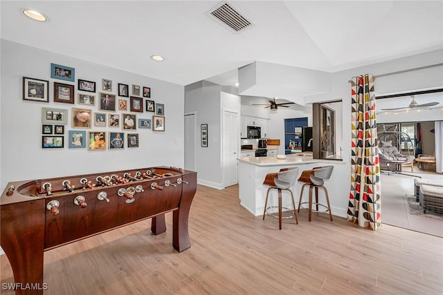 171 Palmetto Dunes Cir, Naples, FL 34113 - game room featuring ceiling fan, light wood-style flooring, baseboards, recessed lighting, and vaulted ceiling