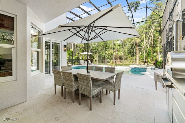 view of patio with a pool with connected hot tub, a lanai, and outdoor dining space