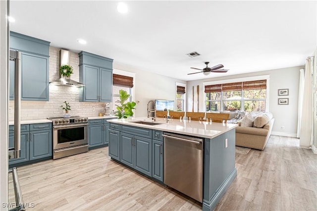 kitchen featuring visible vents, a ceiling fan, wall chimney exhaust hood, a sink, and stainless steel appliances