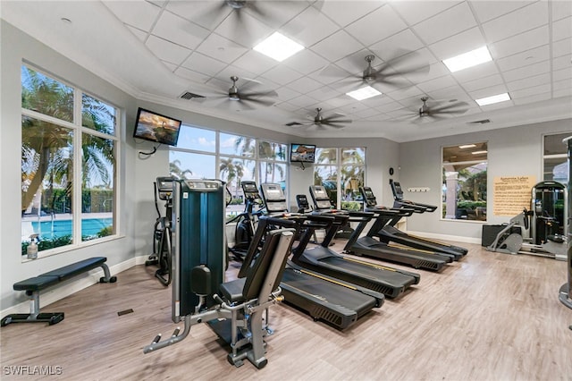 workout area featuring baseboards, plenty of natural light, a paneled ceiling, and wood finished floors