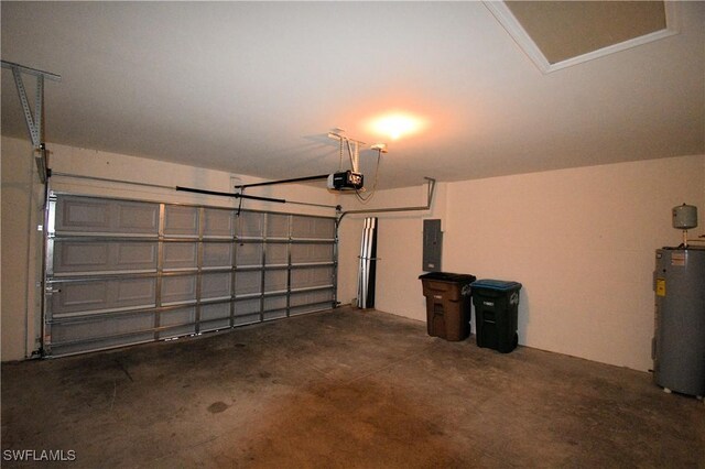 garage with a garage door opener, electric panel, and water heater