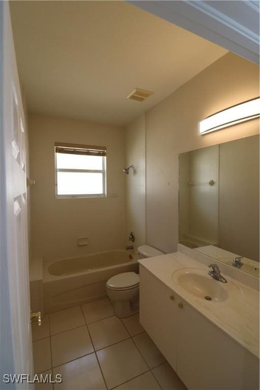 bathroom featuring visible vents, tile patterned floors, toilet, vanity, and shower / tub combination