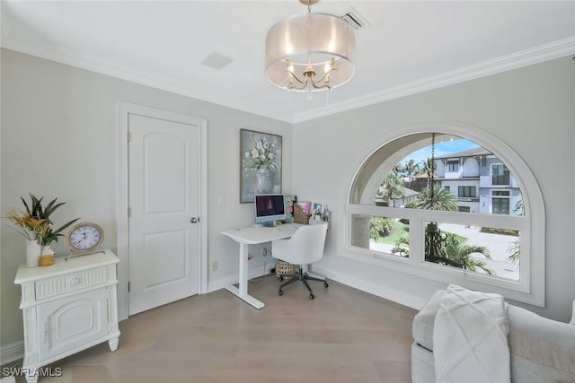 152 Conners Ave, Naples, FL 34108 - office with a notable chandelier, baseboards, crown molding, visible vents, and wood finished floors