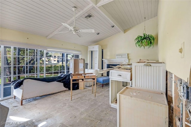 interior space featuring visible vents, beam ceiling, and ceiling fan